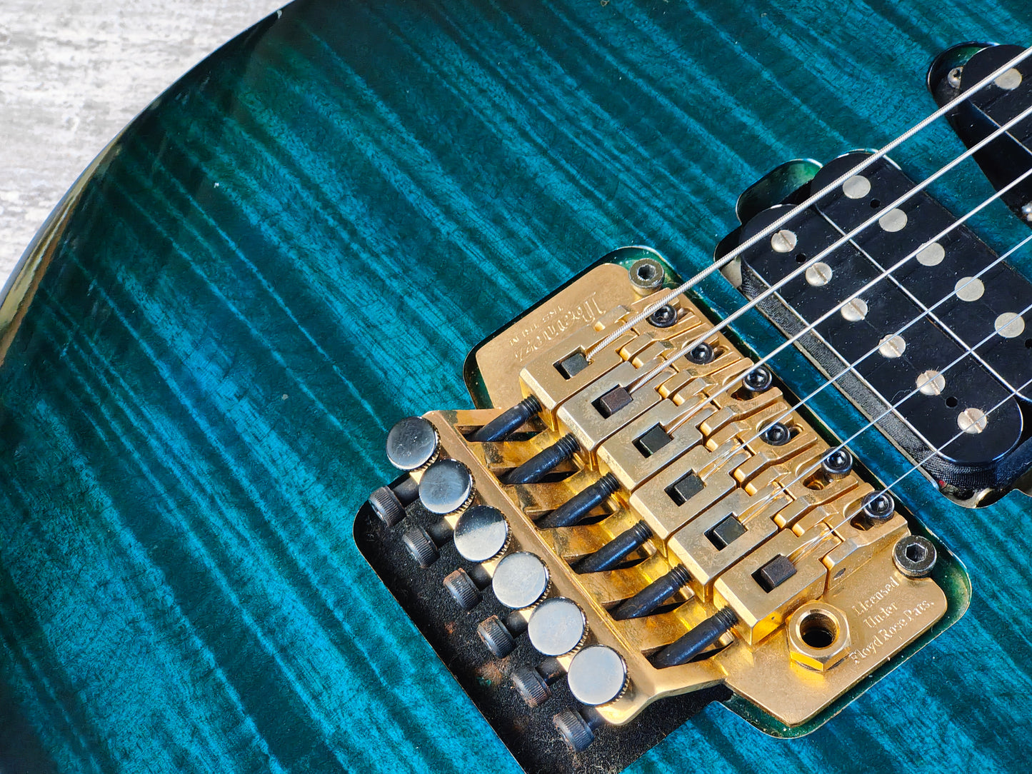 1995 Ibanez Japan RG380F HSH Superstrat (Transparent Green Burst)