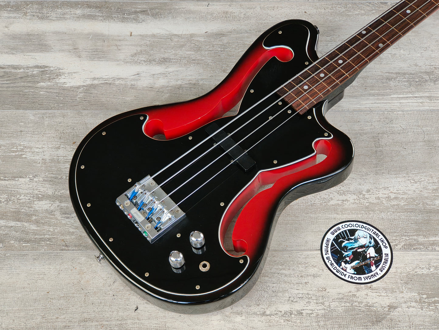 1990's Greco A-95FL (Ampeg AUB-1) Fretless Scroll Bass (Black/Red Sunburst)