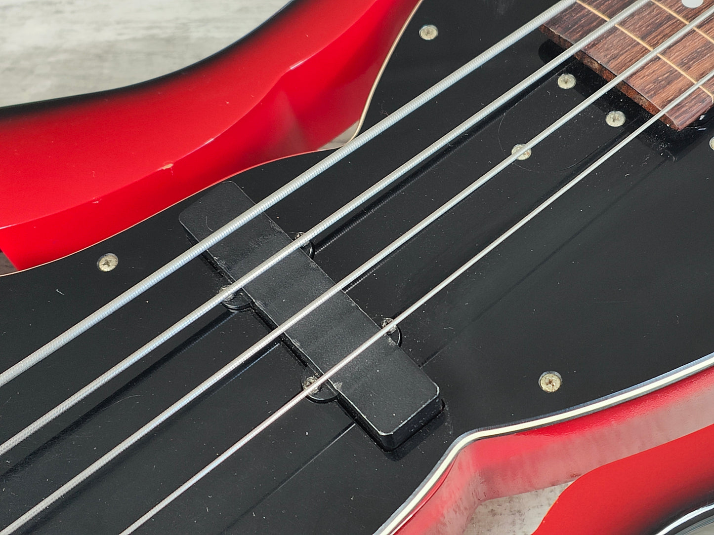 1990's Greco A-95FL (Ampeg AUB-1) Fretless Scroll Bass (Black/Red Sunburst)