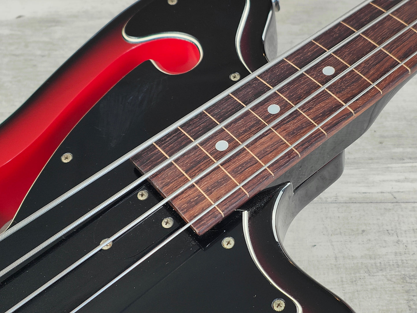 1990's Greco A-95FL (Ampeg AUB-1) Fretless Scroll Bass (Black/Red Sunburst)