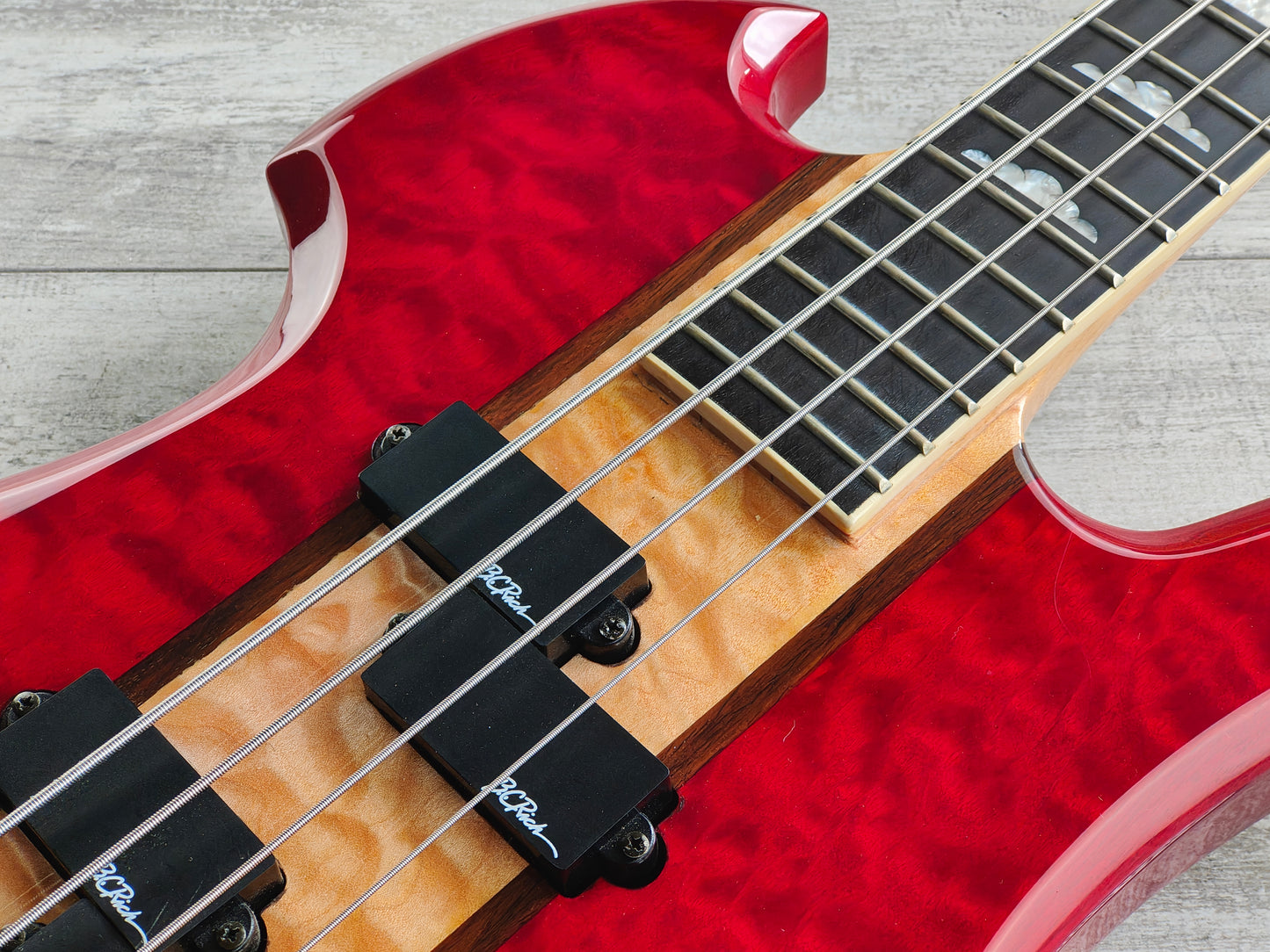 2004 BC Rich Heritage Classic Neckthrough Mockingbird Bass (Quilt Trans Red)