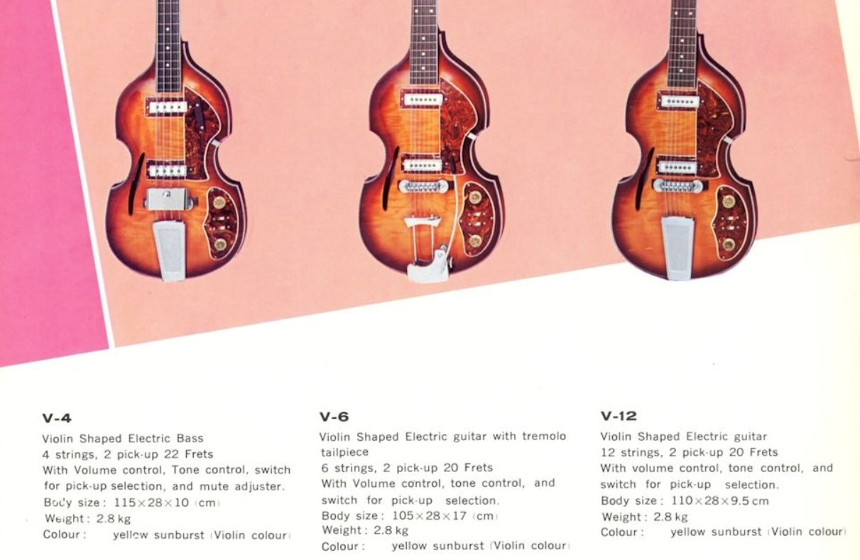 1967 Guyatone Japan V-4 Violin Semi Hollowbody Short Scale Bass (Sunburst)