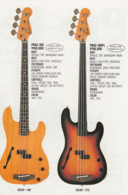 1991 Fender Japan PBAC-100FL Fretless Thinline Electric/Acoustic Precision Bass (Sunburst)
