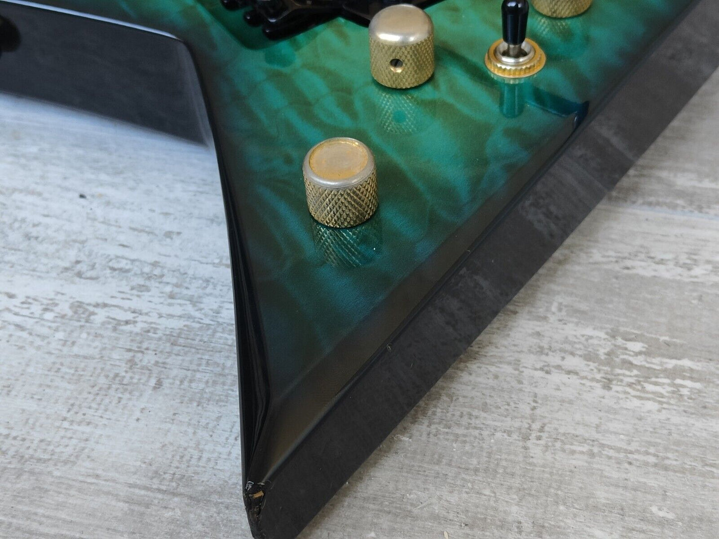 1990’s Grover Jackson Japan Rhoads Flying V Electric Guitar (Quilt Turqoise)